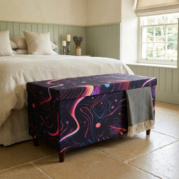 Cosmic Fluid Pattern Wood Chest | Fun Entryway Shoe Bench | M-152 