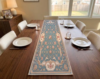 Blue Rose Trellis Table Runner | Dresser Scarf Decor | Scandinavian Dining Accent
