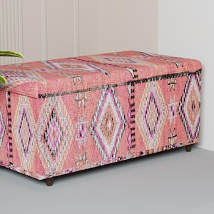 Pink boho design storage bench, Decorative ottoman bench, Ethnic upholstery ottoman, Cozy storage ottoman, Comfortable storage, 328-02