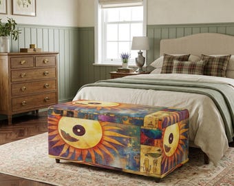 Boho Sun Moon Ottoman Storage Bench with Spiritual Cosmic Art, Colorful Celestial Trunk Seat for Bohemian Home or Meditation Room, P-4