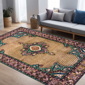 May include: A traditional style rug with a beige background and intricate floral patterns in shades of teal, purple, and pink.