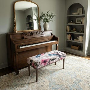 Bird print bench, Rustic hall bench, Farmhouse stool, Small desk chair, Soft dressing bench, Ottoman french table, Portable furniture, M-180