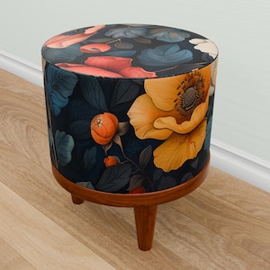 Gothic pouf stool, Floral footrest, Saloon decor bench, Soft touch stool, Kitchen table pouf, Ottoman indoor bench, Round side table, M-78