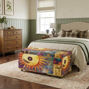 Boho Sun Moon Ottoman Storage Bench with Spiritual Cosmic Art, Colorful Celestial Trunk Seat for Bohemian Home or Meditation Room, P-4