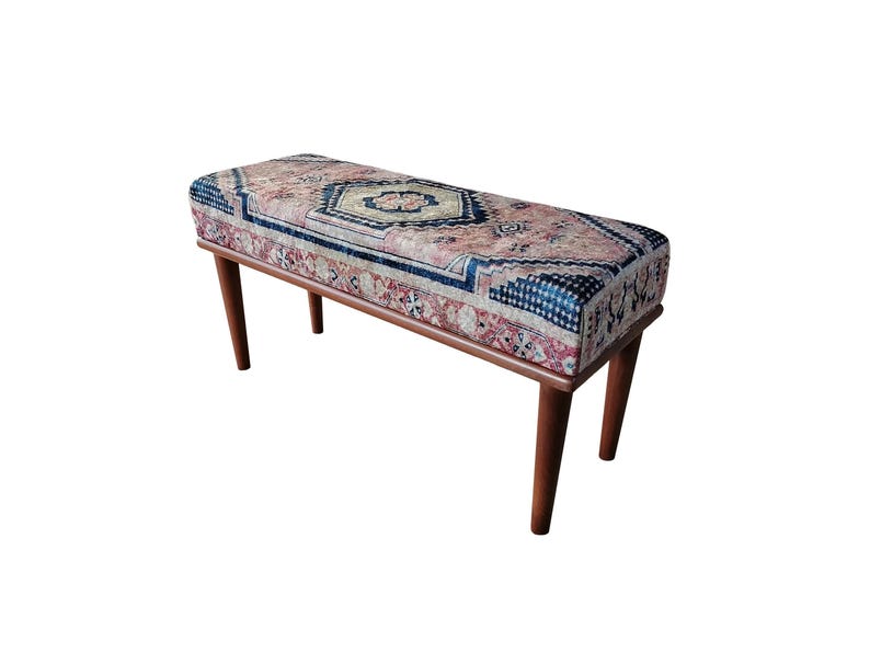 Retro-style upholstered blanket bench with vintage Turkish pattern, perfect for bedroom or dressing table use, versatile ottoman bench that can serve as a footstoolor chic coffee table accent.
