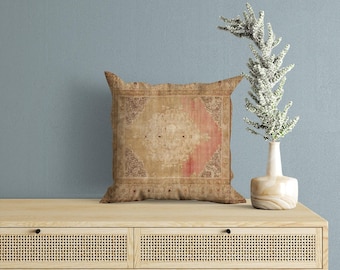 Faded Beige Floral Pillow | Muted Pink Throw Pillow | Distressed Room Accent Cushion
