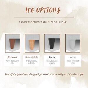 four different types of leg options, each with a unique color and design, designed to suit various styles and preferences for home decor.
