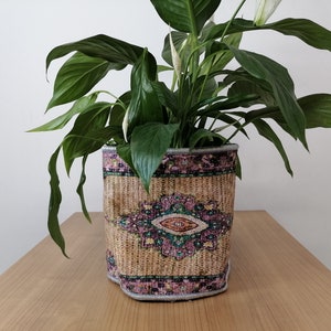 May include: A peace lily plant in a decorative planter with a pink, green, and gold patterned design.