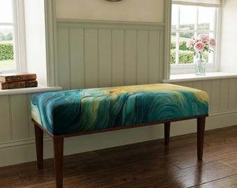 Turquoise Wave Ottoman Bench | Bedroom End Footstool | Contemporary Stool