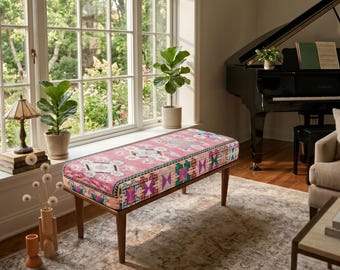Pink Tribal Bench | Upholstered Bedroom Vanity Seat | Boho End of Bed Decor