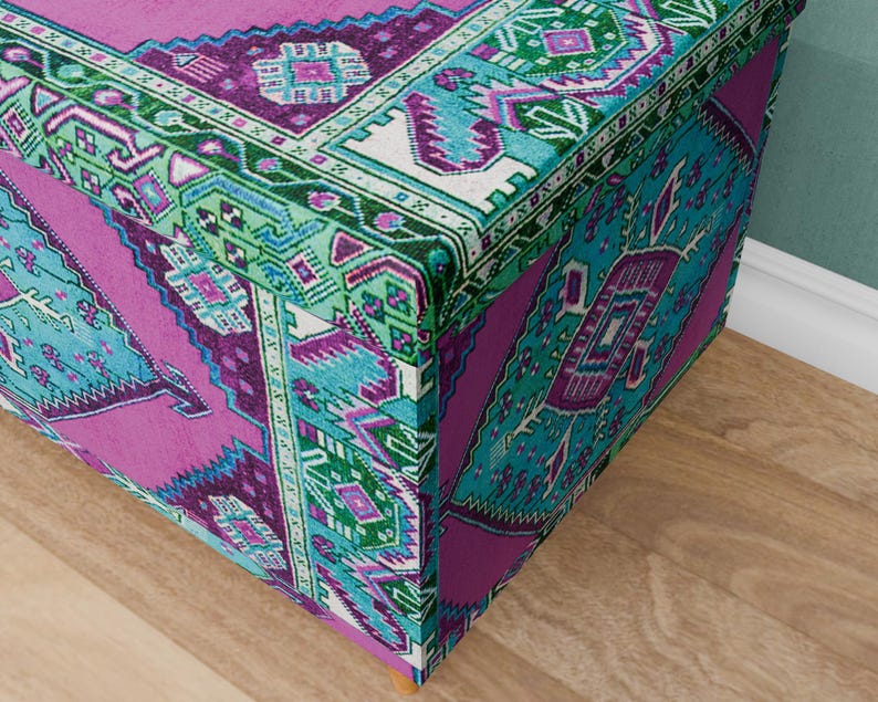 Vintage pattern bench, Purple blue trunk, Handmade storage, Unique home decor, Kitchen organizer, Dressing bench, Daily use bench, 129-02