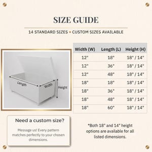 The image is a size guide that provides 14 standard sizes and custom sizes available. It includes a table with measurements for different widths and lengths, as well as a diagram of a white object with its dimensions. The guide encourages users to message us for custom size options, stating that every pattern matches perfectly to the chosen dimensions.