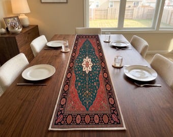 Red Teal Medallion Table Runner | Buffet Sideboard Scarf | Eclectic Kitchen Accent