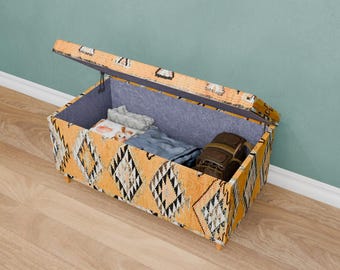 Yellow ethnic design storage ottoman, Stylish ottoman bench, Colorful bedroom bench, High end furniture, Cozy ottoman bench, 331-01