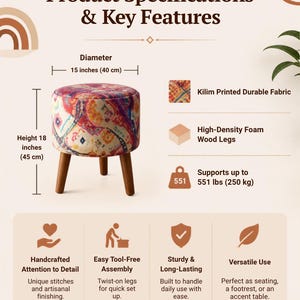 The image is a product specifications and key features sample that provides information about a stool or ottoman. It includes dimensions, materials, and key features such as the stool being handcrafted, having an easy-to-freeze assembly, and being versatile in use. The image also features a close-up of the stool and a plant, adding visual appeal to the presentation.
