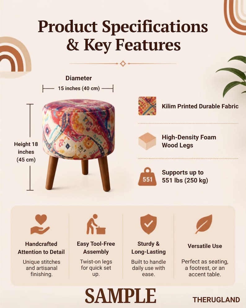 The image is a product specifications and key features sample that provides information about a stool or ottoman. It includes dimensions, materials, and key features such as the stool being handcrafted, having an easy-to-freeze assembly, and being versatile in use. The image also features a close-up of the stool and a plant, adding visual appeal to the presentation.