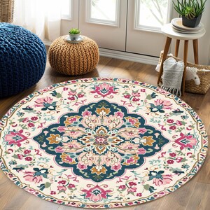 Floral circle rug, Housewarming rug, Pretty rug, Mandala rug, Chic rug, Maximalist rug, Small space gift, Textured rug, Nook rug, Bath rug