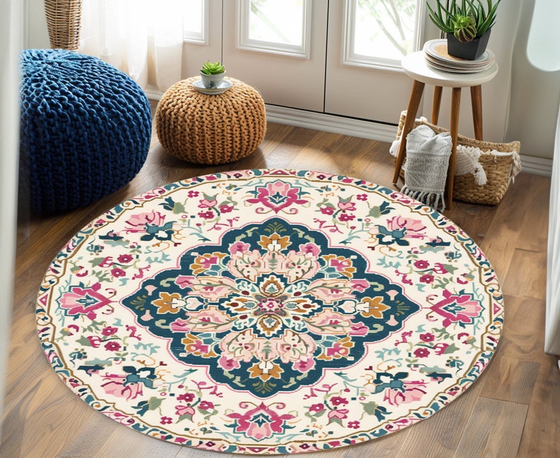 Floral circle rug, Housewarming rug, Pretty rug, Mandala rug, Chic rug, Maximalist rug, Small space gift, Textured rug, Nook rug, Bath rug