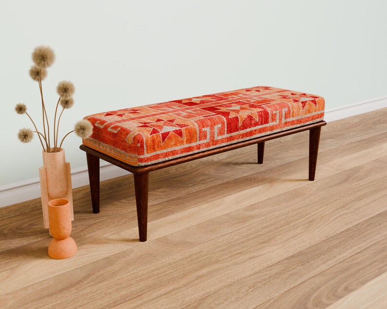 Ottoman bench, Window bench, Bed bench, Bedroom bench, Upholstered bench, Decor bench, Farmhouse bench, Orange fabric bench, Wood bench, 04