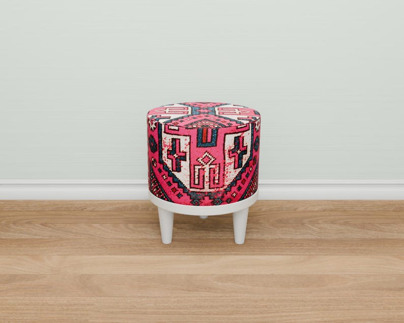 Vibrant pink bench, Doorway seating, Window front stool, Round french table, Ottoman organizer, Make up pouf, Vanity round seat, 280-02