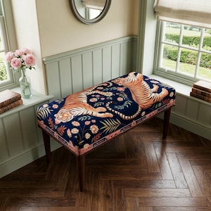 Front window bench, Ethnic bench, Regular bench, Tiger print bench, Elegant seating bench, Luxury bench, Entrway bench, Wooden bench