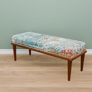 Light Blue Kilim Upholstered Bench – Handmade Ottoman with Wood Legs – Boho Entryway Bedroom Seating with Vintage Rug Print, Rugland 108-01