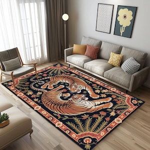 Tiger Rug – Exotic Animal Print Area Rug – Washable Non Slip Jungle Carpet – Botanical Oriental Style – Bold Statement Decor