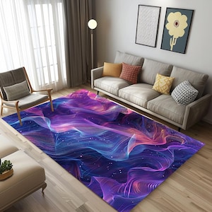 May include: Abstract area rug with a swirling pattern of purple, pink, and blue hues. The rug is on a hardwood floor in a living room setting.
