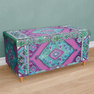 Vintage pattern bench, Purple blue trunk, Handmade storage, Unique home decor, Kitchen organizer, Dressing bench, Daily use bench, 129-02