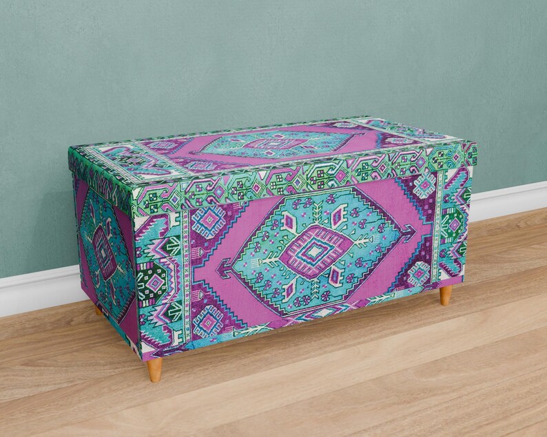 Vintage pattern bench, Purple blue trunk, Handmade storage, Unique home decor, Kitchen organizer, Dressing bench, Daily use bench, 129-02