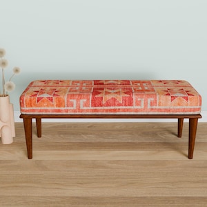 Ottoman bench, Window bench, Bed bench, Bedroom bench, Upholstered bench, Decor bench, Farmhouse bench, Orange fabric bench, Wood bench, 04