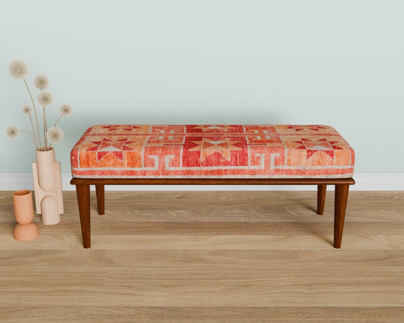 Ottoman bench, Window bench, Bed bench, Bedroom bench, Upholstered bench, Decor bench, Farmhouse bench, Orange fabric bench, Wood bench, 04