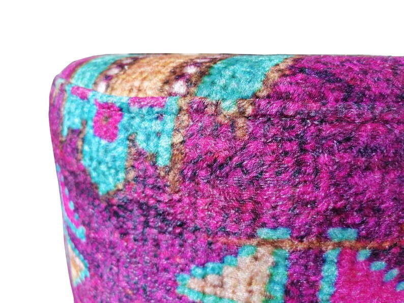 Colorful Boho Makeup Stool – Round Kilim Ottoman Pouf with Wood Legs – Handmade Footstool for Vanity or Living Room Decor, 142-01
