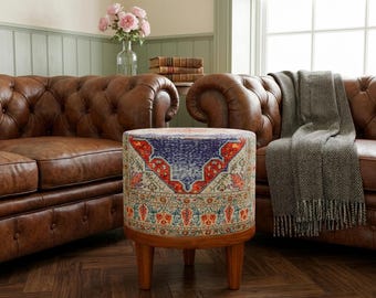 Colorful Kilim Ottoman Pouf – Round Handmade Footstool with Wood Legs – Boho Accent Stool for Living Room or Vanity, 93-02
