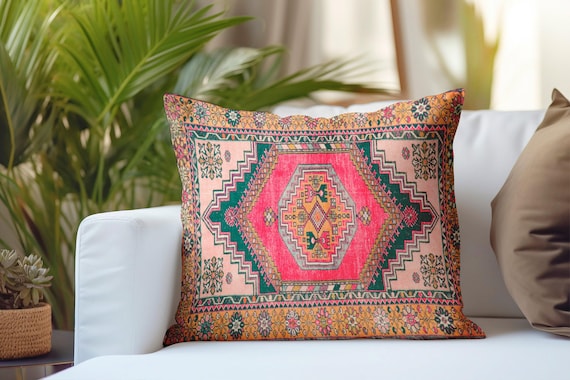 tribal pillow, pink cushion cover, ottoman pillow, retro pillow cover, washable pillow, neck pillowcase, soft pillow cover, floor cushion