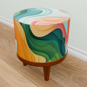 Striped footstool, Multicolor pouf, Soft touch bench, Vanity poufy footrest, Primitive stool, Ottoman organizer, Round floor table, M-98