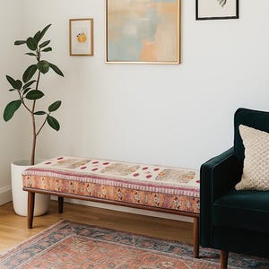 Blush pink color bench, Bedroom bench, Hallway bench, Decorative bench, Rustic bench, Elegant bench, Oriental bench, Nomadic bench, 271-02