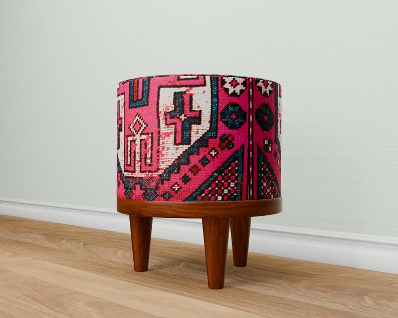 Vibrant pink bench, Doorway seating, Window front stool, Round french table, Ottoman organizer, Make up pouf, Vanity round seat, 280-02