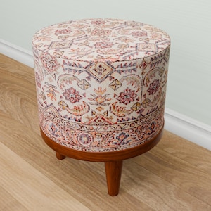 Floral footstool, Round footrest, Ottoman pouf stool, Oriental style bench, Poufy mid table, Soft seating chair, Hallway shoe bench, 311-01