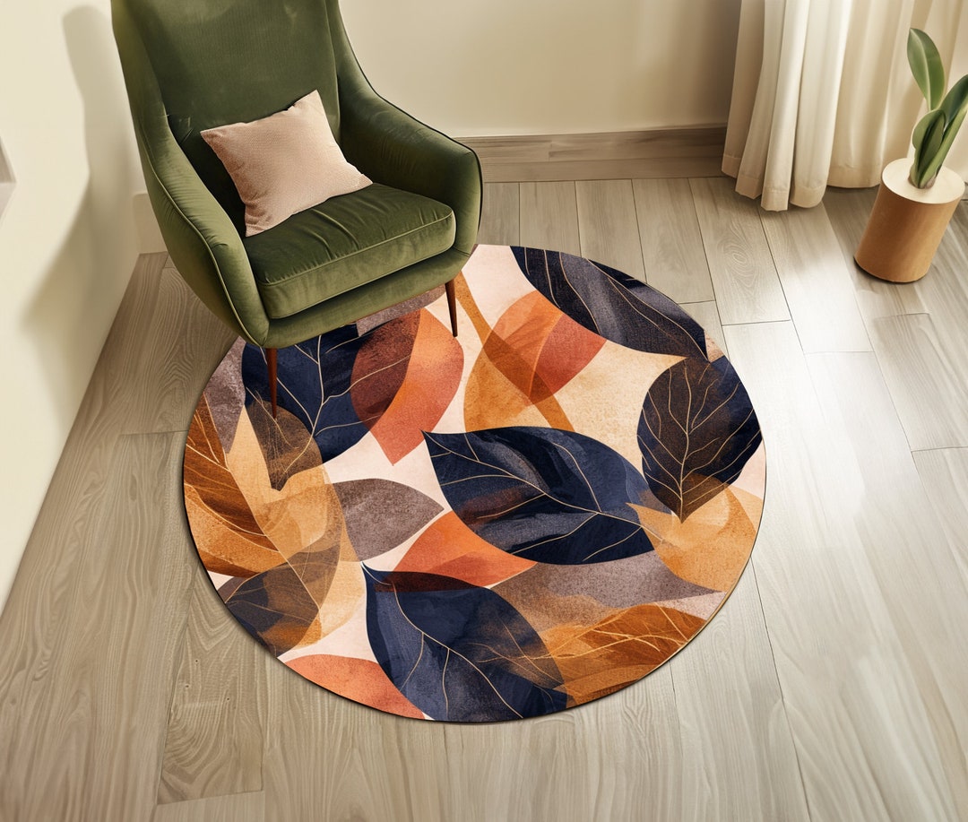 Leaf Round Rug, 4x4 Circle Rug, Farmhouse Area Rug, Chic Modern Rug ...