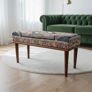 Retro-style upholstered blanket bench with vintage Turkish pattern, perfect for bedroom or dressing table use, versatile ottoman bench that can serve as a footstoolor chic coffee table accent.