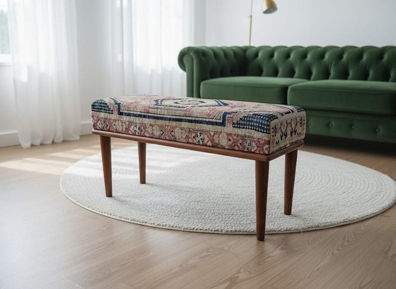 Retro-style upholstered blanket bench with vintage Turkish pattern, perfect for bedroom or dressing table use, versatile ottoman bench that can serve as a footstoolor chic coffee table accent.