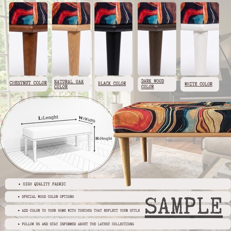 The image is a collage of various furniture pieces, including a bench, a chair, and a table, showcasing different colors and styles. The collage also includes a close-up of a bench with a colorful upholstery, providing a detailed view of the furniture.