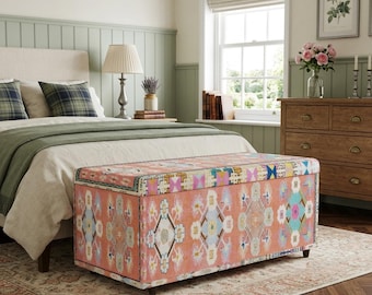 Bloemen decoratieve opbergpoef, kleurrijke poef, premium meubels, houten werkbank, coole opberger, comfortabel meubilair, 344-02