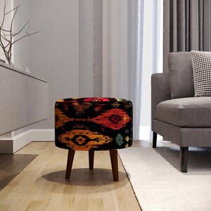 Gothic footstool, Kilim pattern pouf, Dark wood bench, Livingroom furniture, High end furniture, Rustic dining table, Round pouf stool, M-32