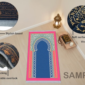 This colorful mihrap design prayer rug features an elegant and sustainable sajadah made with soft-touch materials that provide comfort during daily prayers. Its detailed islamic decor pattern adds a refined and spiritual atmosphere to any space, offering both durability and non-slip stability for everyday use.