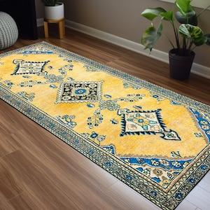 Oosters tapijt, tapijt met blauw, hippietapijt, geel tapijt, boho-tapijt, slaapkamertapijt, karpet, katoenen tapijt, Turks designtapijt, utility-tapijt, instaptapijt