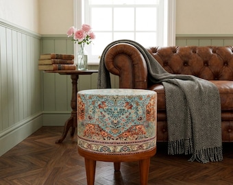 Colorful Kilim Makeup Stool – Round Vanity Ottoman Pouf with Wood Legs – Small Boho Footstool for Dressing Table or Entryway, 108-01