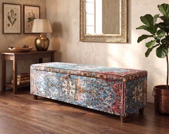 Blue floral trunk, Primitive storage, Coffee table bench, Multipurpose bench, Amazing organizer, Dressing room bench, Handmade trunk, 108-01