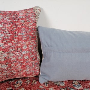 May include: Two decorative throw pillows, one with a red and white patterned fabric and the other with a solid light blue fabric.